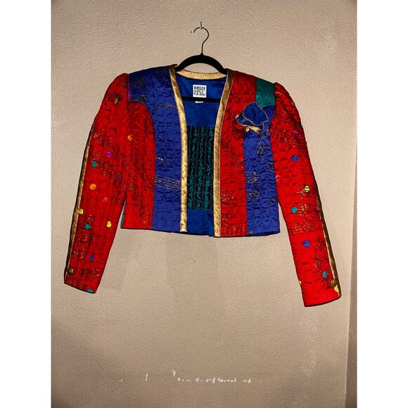 Jeanne Marc Vintage KidCore Artsy Edgy Colorful Quilted Music Notes Silk Jacket